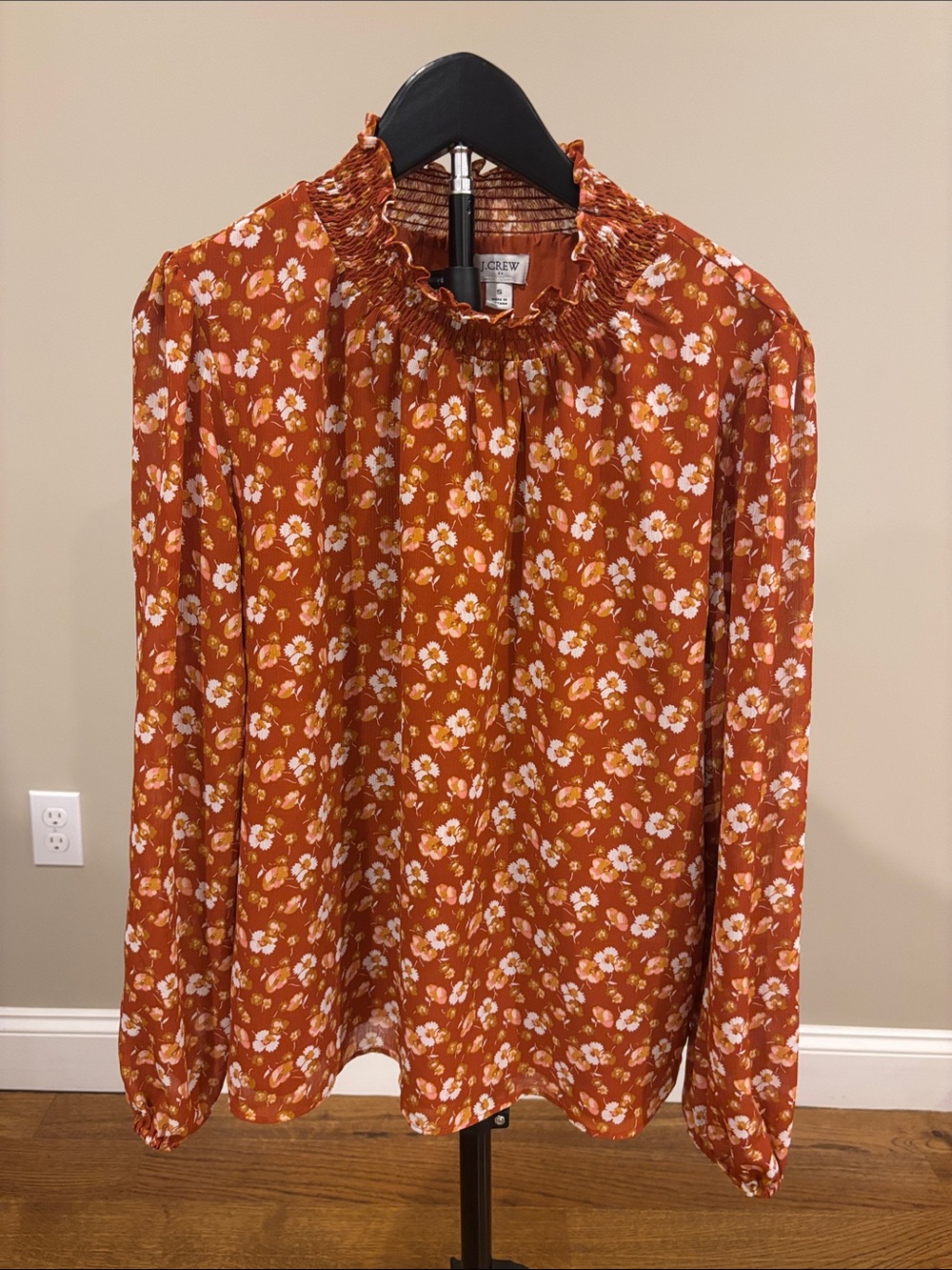 J. Crew Factory Rust Floral Smocked-Neck Long Sleeve Shirt